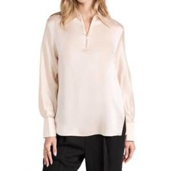 Vince Silk Jewel Zipper Blouse Cream Long Sleeves Collared Quiet Luxury Top M - Picture 1 of 16